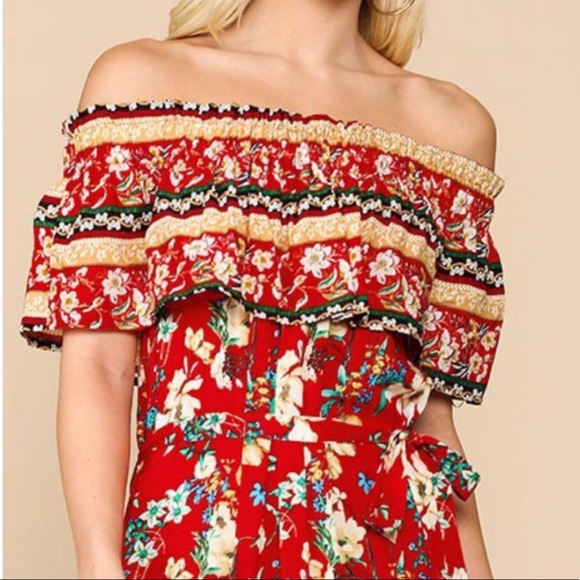 Red Tropical Floral Print Off the Shoulder Boho Midi Dress Tropical Print Dress - Picture 2 of 5